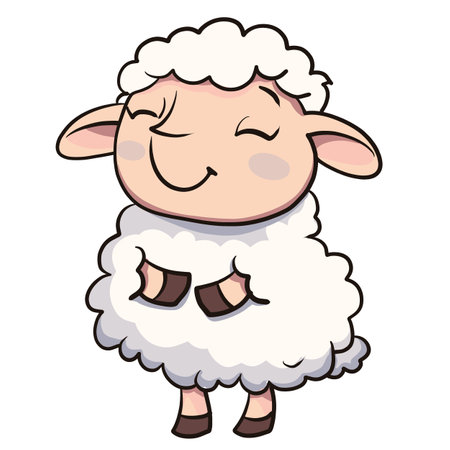 A cute cartoon sheep with fluffy body and cheerful expression, standing happily. This adorable character embodies joy and playfulness, perfect for children illustrations or farm themed designsのイラスト素材
