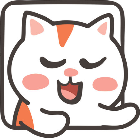 Adorable hand-drawn vector illustration of a happy cat with closed eyes and a cheerful smile. Perfect for stickers, icons, and kawaii designs.のイラスト素材