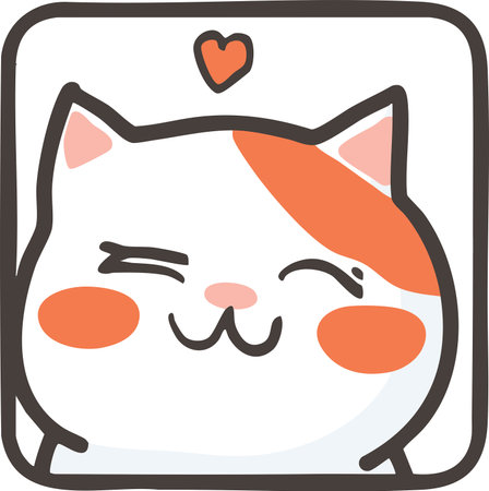 Adorable hand-drawn vector illustration of a winking cat with rosy cheeks and a heart above its head. Perfect for stickers, icons, and kawaii designsのイラスト素材