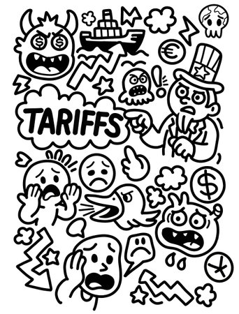 Black and white cartoon doodle of emotional reactions and chaos caused by global tariff and trade policy changesのイラスト素材