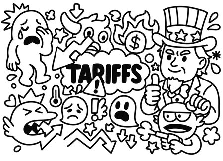 Hand-drawn cartoon style showing emotional and financial impact of international import tariffs with angry and sad charactersのイラスト素材