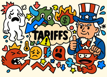 A vivid doodle illustration showing economic panic, cartoon emotions, and global impact of rising tariffs in a chaotic compositionのイラスト素材