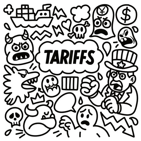 Black and white doodle art showing chaos from global trade tariffs, featuring angry characters, money symbols, ships and economic tension.のイラスト素材