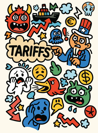 Colorful doodle-style illustration showing chaos and fear surrounding global trade tariffs, economic uncertainty, and political tensionのイラスト素材