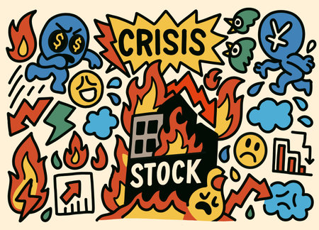 Colorful cartoon doodle illustrating a stock market crisis with flames, falling charts, money characters, sad faces, and economic panicのイラスト素材