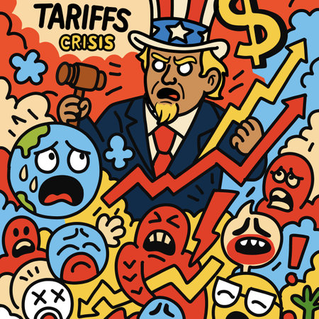 Vibrant cartoon illustration of a tariff crisis featuring a political figure, panicked characters, economic arrows, and global distress imageryのイラスト素材