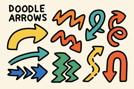 A Doodle arrows in various colors and styles create playful and creative design, perfect for adding fun touch to any project. These arrows can guide attention and enhance visual communicationのイラスト素材
