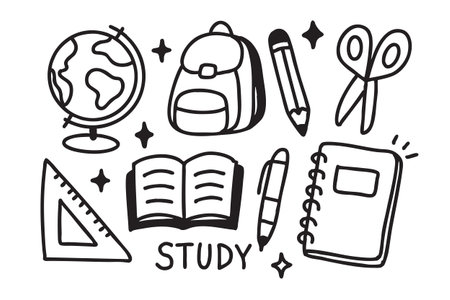 A Study materials including globe backpack pencil scissors ruler open book pen and notebook create vibrant and engaging atmosphere for learning and creativityのイラスト素材