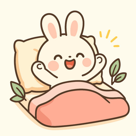 A cute cartoon bunny is happily waking up in bed with big smile, surrounded by soft pillows and cozy blanket. This cheerful scene captures joy of peaceful morningのイラスト素材