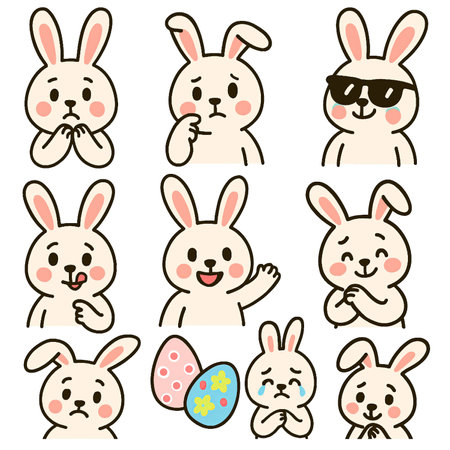A Cute and playful bunny characters express various emotions in this delightful illustration perfect for Easter celebrations. These charming bunnies bring joy to Easter day festivitiesのイラスト素材