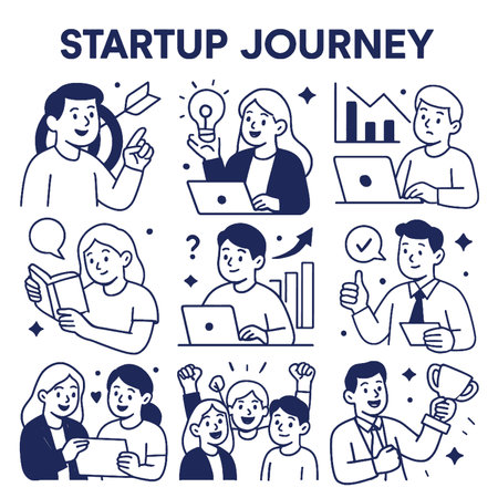 A Startup journey illustration featuring diverse individuals engaged various activities like brainstorming, analyzing data, reading, and celebrating success. This visual captures essenceのイラスト素材