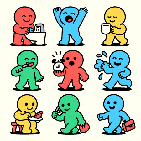 A Cute and colorful cartoon characters engage various daily activities, showcasing emotions like joy and surprise. These playful figures represent moments of life, from washing hands to enjoyingのイラスト素材