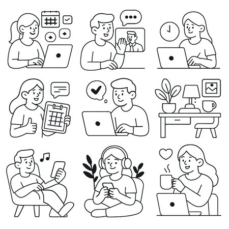An Engaging various activities, this illustration showcases individuals using technology, planning, and enjoying leisure time. scenes depict work, communication, and relaxation, highlighting modernのイラスト素材