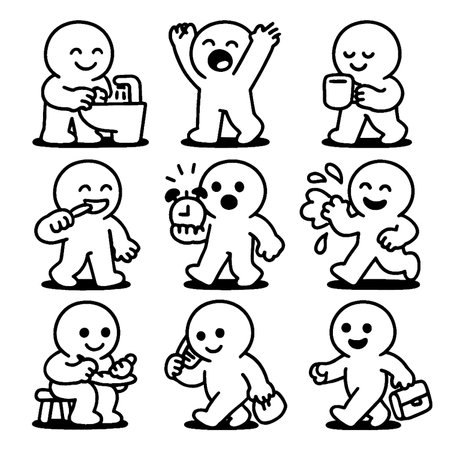 A Cute and simple characters engaging in daily activities like washing hands, celebrating, drinking, brushing teeth, and eating, conveying joy and routineのイラスト素材