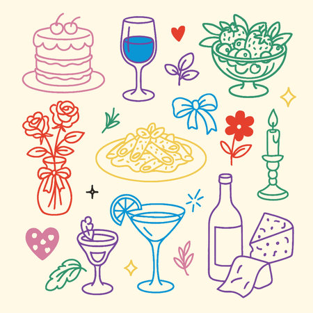 A Delightful cake, wine glass, fruit bowl, pasta dish, flowers, candle, and festive elements create charming celebration atmosphere filled with joy and loveのイラスト素材