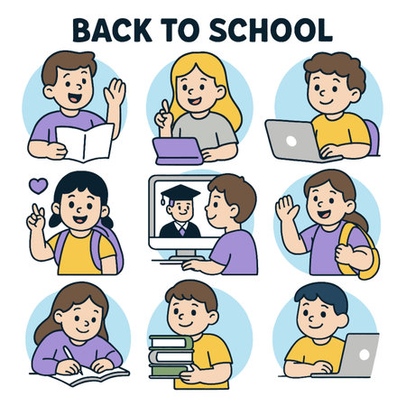 A Back to school theme featuring diverse students engaging in various activities like studying, using laptops, and participating in online classes, showcasing excitement and learningのイラスト素材
