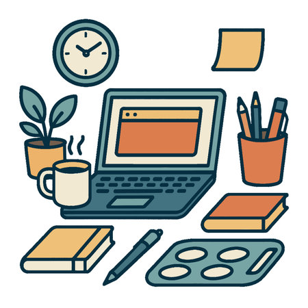 A cozy workspace with laptop, coffee, plants, and stationery, perfect for creativityのイラスト素材
