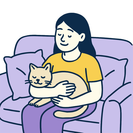 A person sitting on couch, gently holding cat, radiating warmth and affectionのイラスト素材