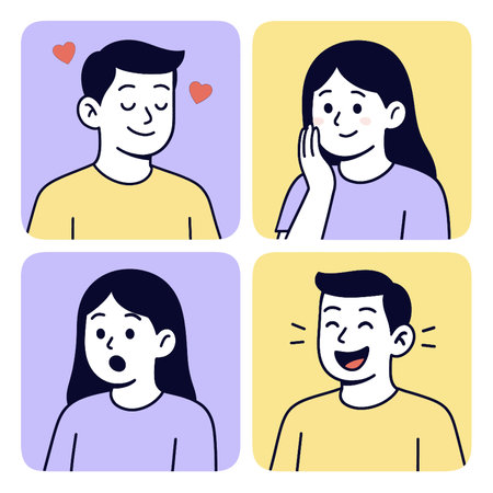 A series of four illustrations showing different emotional expressions love, surprise, and joyのイラスト素材