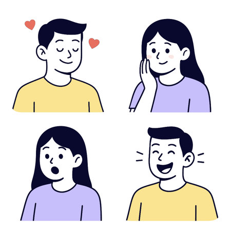 A collection of four illustrations showing different emotional expressions love, shyness, surpriseのイラスト素材