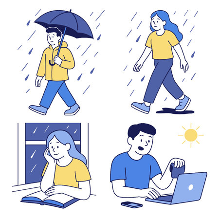 A person walking in rain with umbrella, and another enjoying sunny day indoorsのイラスト素材