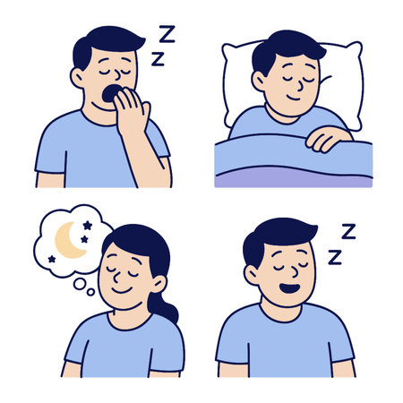 A series of illustrations depicting sleep stages, including yawning, sleeping, dreamingのイラスト素材