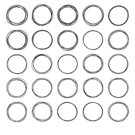 A hand drawn circles arranged in grid pattern, showcasing various sizes and stylesのイラスト素材