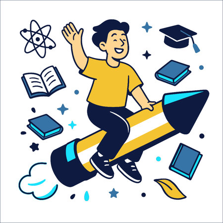 A happy student riding pencil rocket, surrounded by books and educational symbolsのイラスト素材