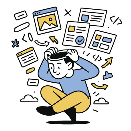 A creative illustration of person overwhelmed by digital information, showcasing various webのイラスト素材