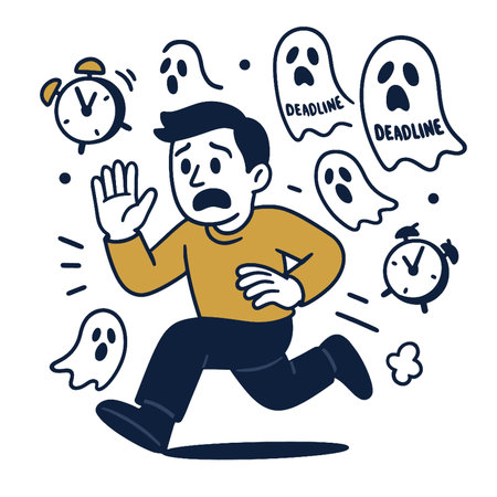 A person running from deadlines and clocks, feeling anxious and overwhelmed by time constraintsのイラスト素材