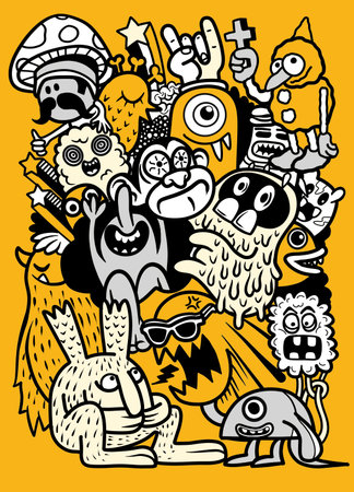 A colorful cartoon characters and monsters in playful design on bright yellow backgroundのイラスト素材