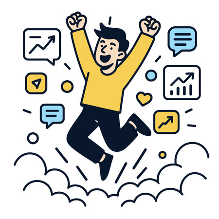 A jumping person celebrating success with graphs and messagesのイラスト素材