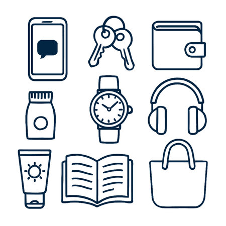 An essential items like phone, keys, wallet, and more are depicted in this stylish icon setのイラスト素材