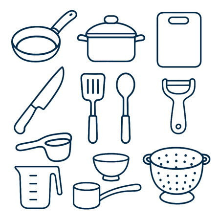 A cooking tools and utensils including frying pan pot cutting board knife spatula spoon peelerのイラスト素材