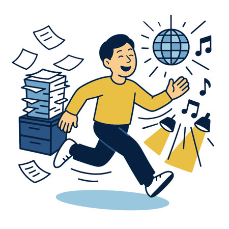 A happy man running with papers, music notes, and lightsのイラスト素材