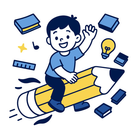 A cheerful child rides giant pencil, surrounded by books, light bulb, and school suppliesのイラスト素材