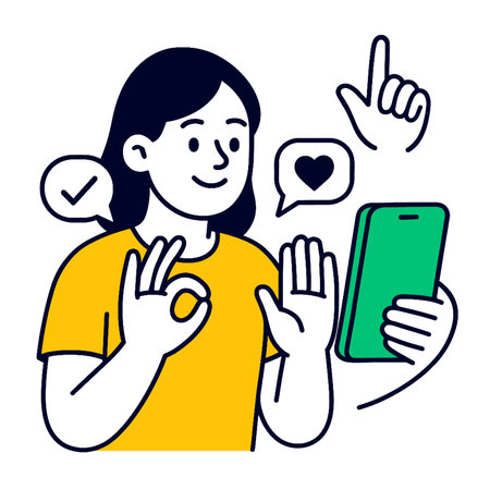 An engaging illustration of person using smartphone, expressing positivity and connectionのイラスト素材