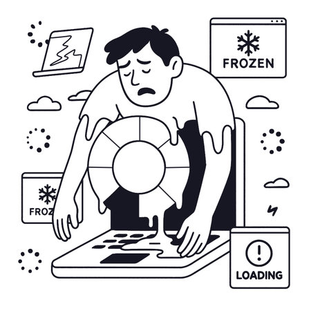 A person struggles with frozen computer, expressing frustration through coloring and line artのイラスト素材