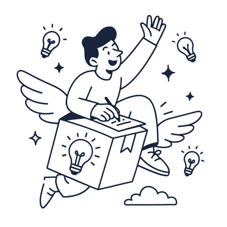 A creative line art depicting person flying with box of ideas, showcasing inspirationのイラスト素材