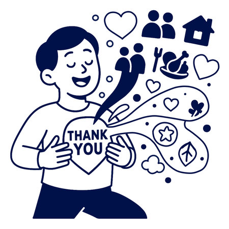 A coloring line art featuring joyful character expressing gratitude with hearts and symbolsのイラスト素材