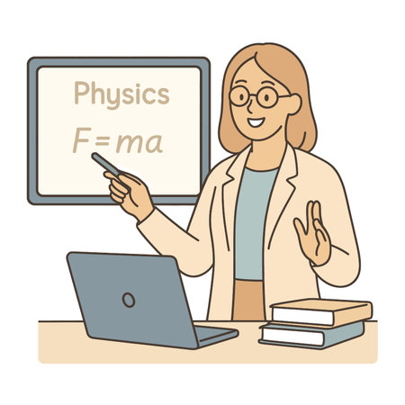 A working person character teaches physics concepts in flat classroom setting with enthusiasmのイラスト素材