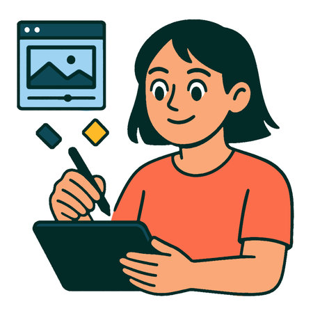 A working person creates flat character design on tablet while enjoying processのイラスト素材