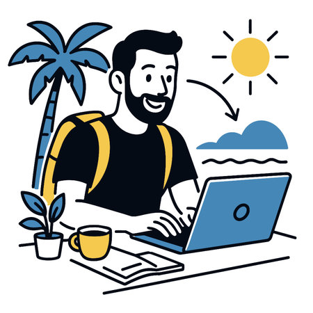 A working person enjoys flat workspace under palm tree character while typing on laptopのイラスト素材
