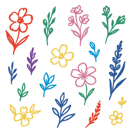 Colorful floral illustrations featuring various flowers and leaves.のイラスト素材