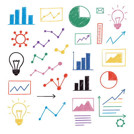 Colorful hand drawn charts, graphs, and icons representing data analysis and ideas.のイラスト素材