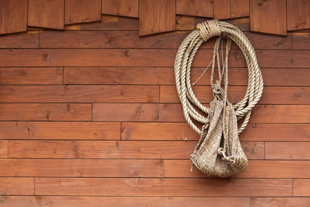 Image of old texture of wooden boards with ship ropeの写真素材