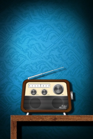 Retro radio on wood table with blue wallpaper backgroundの写真素材