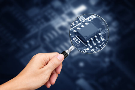 Hand holding magnifying glass with computer chip