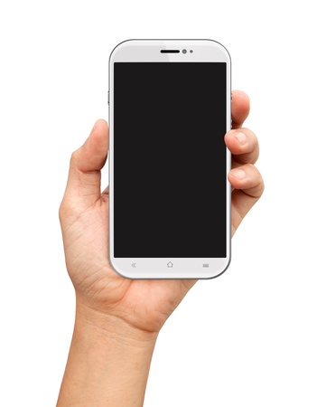 Hand holding White Smartphone with blank screen on white backgroundの写真素材