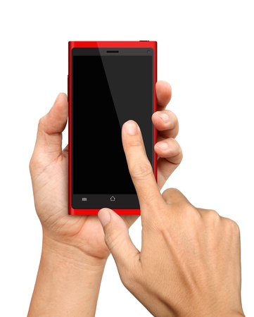 Hand holding and Touch on Red Smartphone on White Backgroundの写真素材